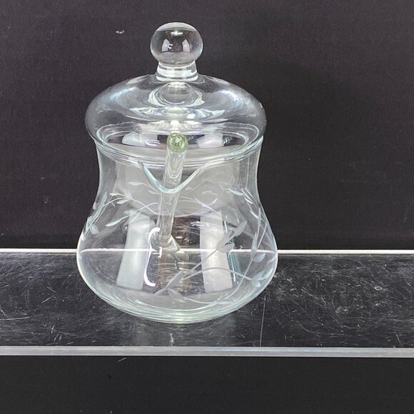 Vintage Princess House Heritage Etched Glass Condiment Jar With Lid & Spoon - Picture 4 of 12